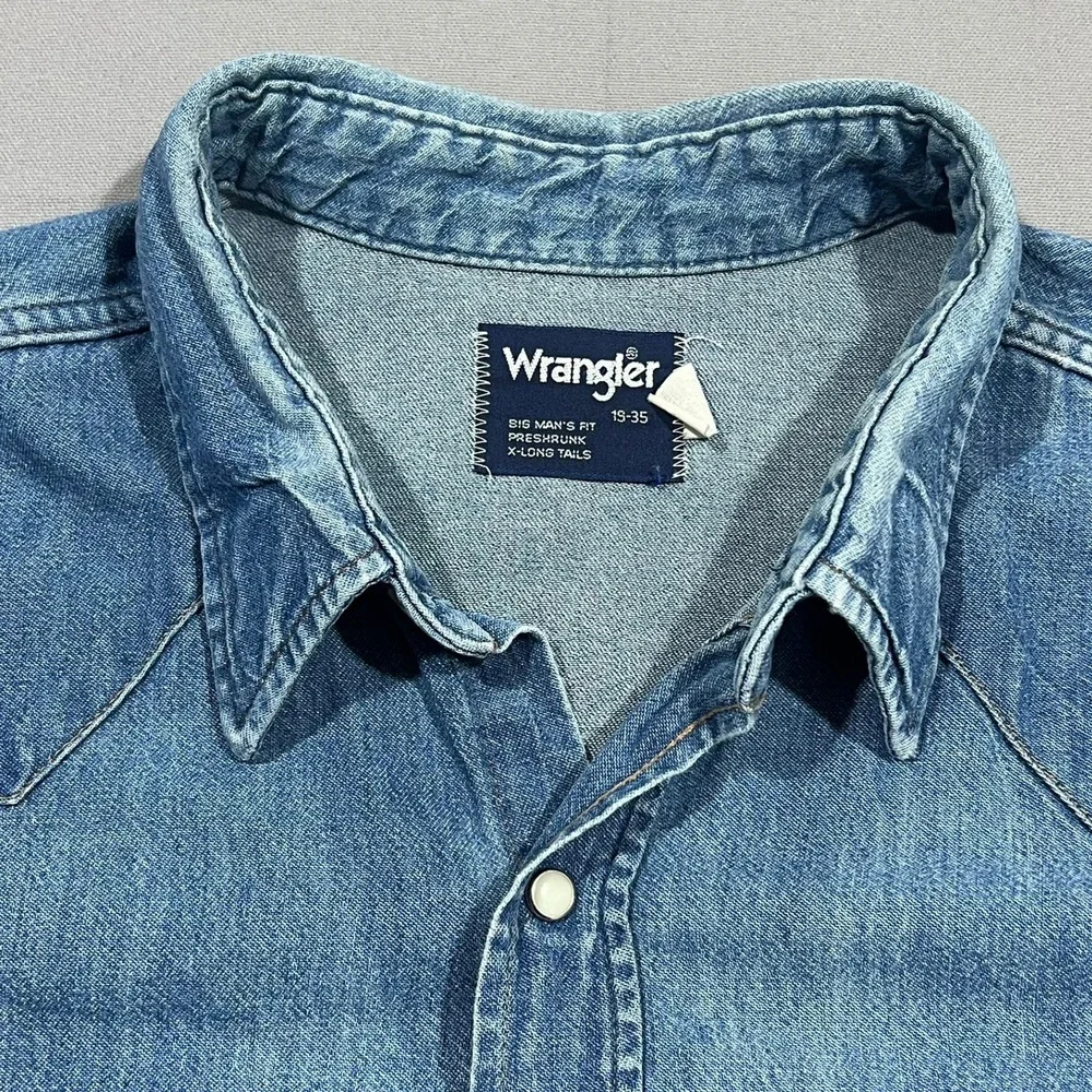 Wrangler Denim Western Shirt X-Long Tails Pearl Snap Big Man Fit Blue Mens 19-35